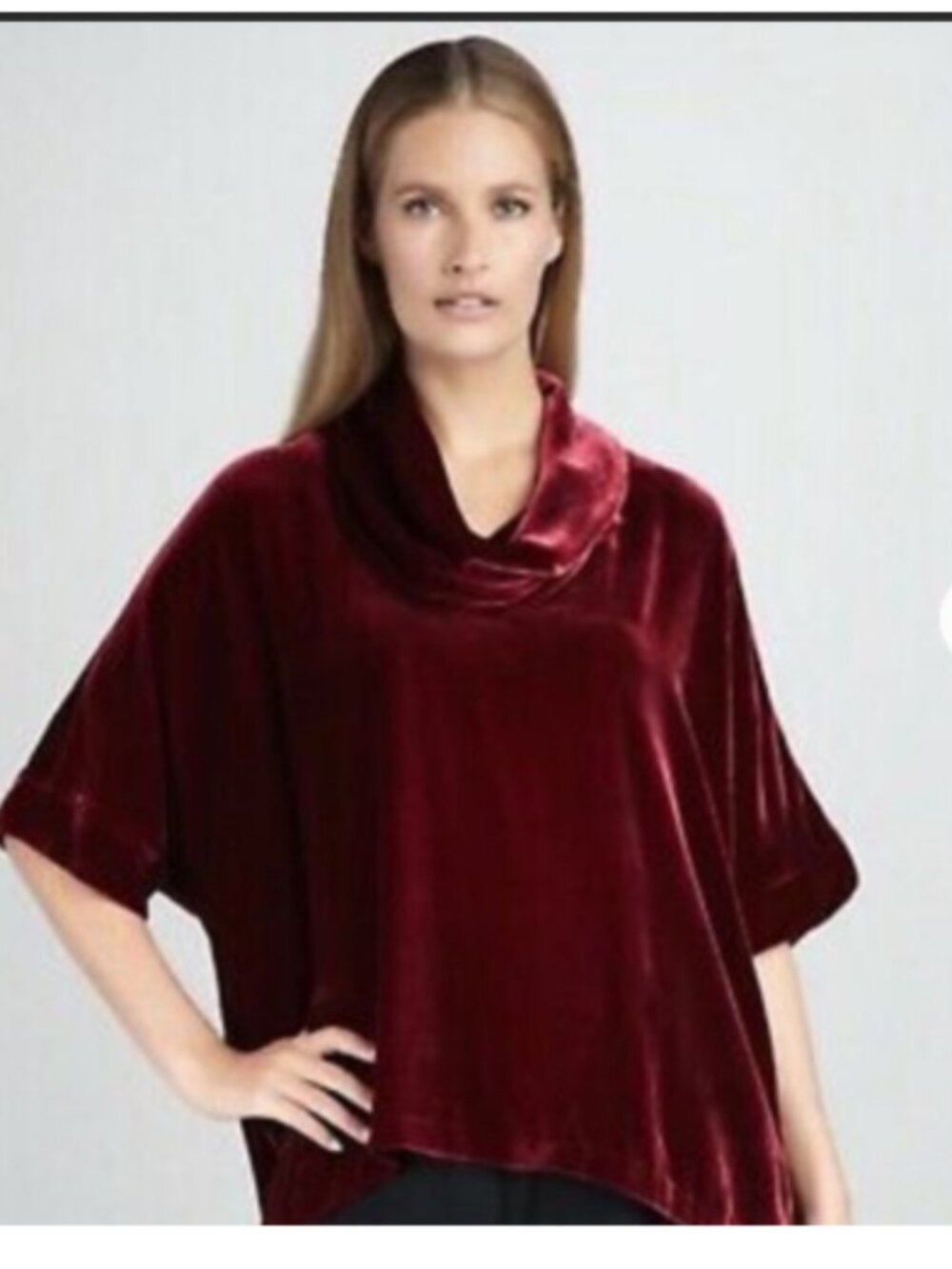 Eileen Fisher Dark Red Velvet Cowl Neck Top Short Sleeve size Large boxy fit